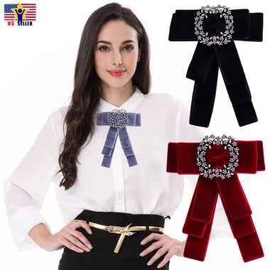 Women Velvet British Striped Bow Tie Necktie Ribbon Crystal Pin Brooch Collar