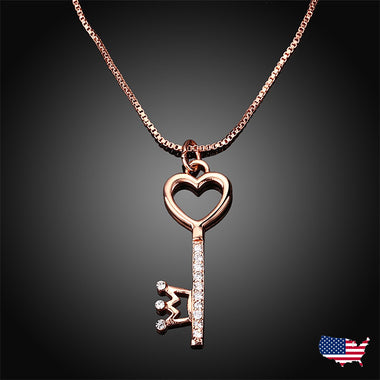 Rose Gold Lovely Heart Key Queen Crown Pendant Necklace Wedding Valentine Gift