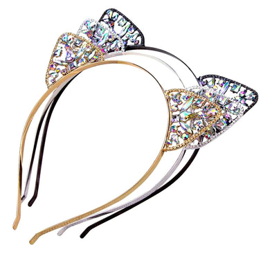 Cat Ears Crown Tiara Headband Hair Band Rhinestone Princess Hollow Crystal Bezel