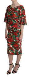 Red Floral Sheath Midi Silk Stretch Dress
