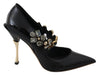 Black Leather Crystal Shoes Mary Jane Pumps