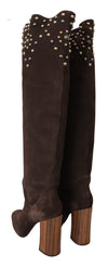 Brown Suede Studded Knee High Shoes Boots