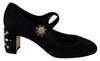 Black Suede Crystal Heels Mary Jane Shoes