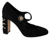 Black Suede Crystal Heels Mary Jane Shoes