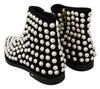 Black Suede Pearl Studs Boots Shoes