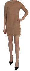Brown 3/4 Sleeve Crewneck Shift Mini Dress