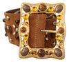 Brown Crystal Gold Buckle Leather Belt