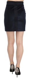 Blue Cotton Blend High Waist A-line Mini Skirt