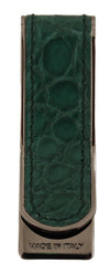 Green Leather Silver Brass Mens Cash Clasp Money Clip