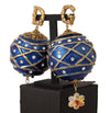 Gold Brass Blue Christmas Ball Crystal Clip On Earrings