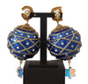 Gold Brass Blue Christmas Ball Crystal Clip On Earrings
