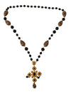 Gold Tone Brass Leopard Cross Chain Black Crystal Necklace