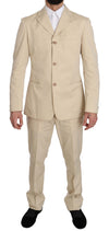 Two Piece 3 Button Beige Cotton Solid Suit