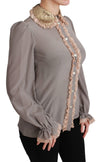 Gray Silk Gold Sequin Lace Blouse Shirt