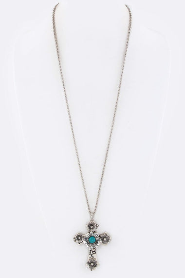 Turquoise Flower Cross Pendant Necklace