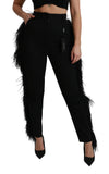 Black Feather Straight High Waist Wool Pants
