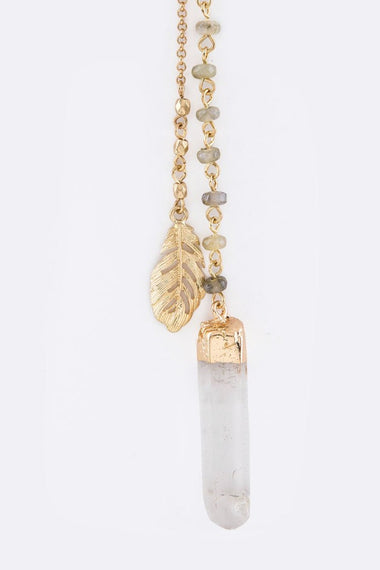 Metal Feather & Quartz Drops Layer Necklace