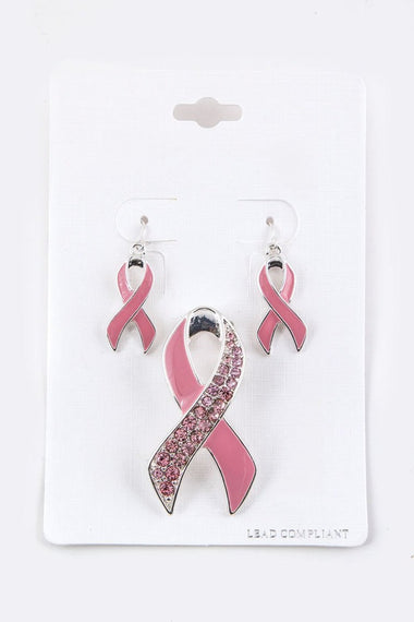 Pink Ribbon Earrings & Brooch Set