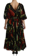 Black Floral Roses Pleated Maxi Silk