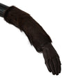 Brown Elbow Length Mittens Leather Fur Gloves