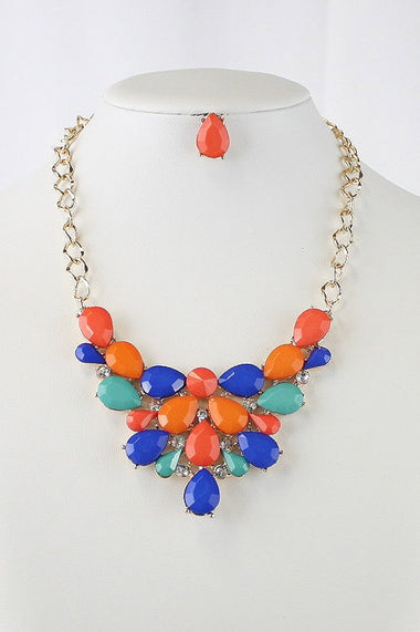 Crystal Acrylic Gem Statement Necklace Earring Set