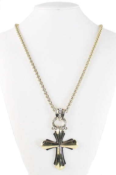 Long Metallic Chain Cross Pendant Necklace