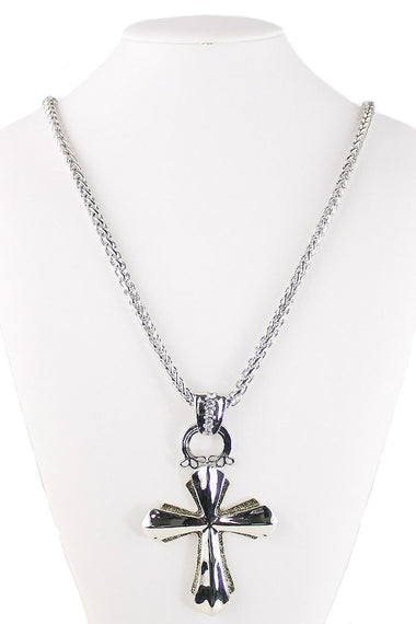 Long Metallic Chain Cross Pendant Necklace