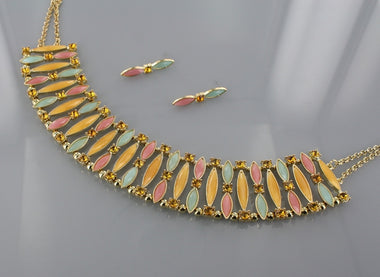 Rhinestone and Multi Tone Acrylic Bead Drape Necklace and Earring Set