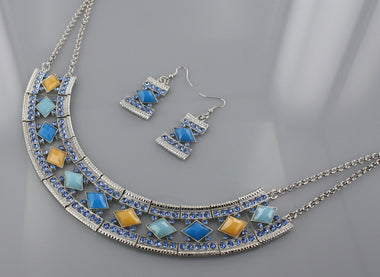 Rhinestone and Multi Tone Acrylic Bead Drape Necklace and Earring Set