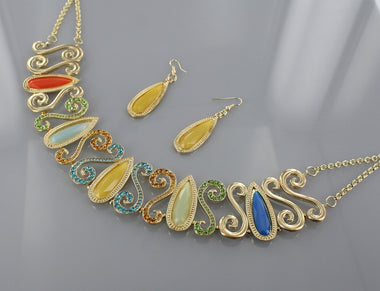 Rhinestone and Multi Tone Acrylic Bead Drape Necklace and Earring Set