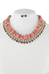 Fabric Woven Chain and Rhinestone Dangle Statement Necklace Earring Set