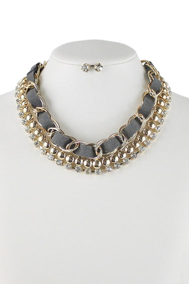 Fabric Woven Chain and Rhinestone Dangle Statement Necklace Earring Set