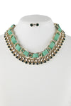 Fabric Woven Chain and Rhinestone Dangle Statement Necklace Earring Set