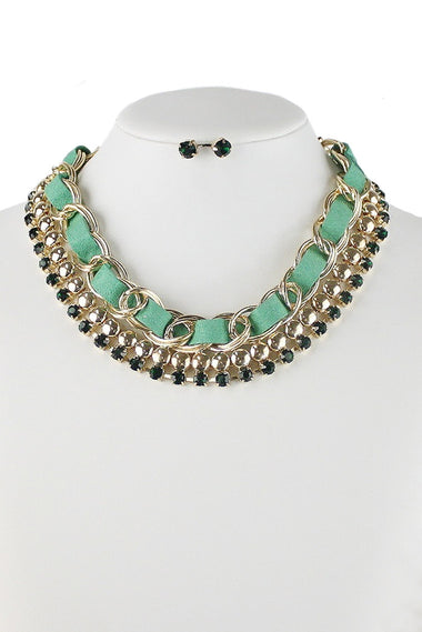 Fabric Woven Chain and Rhinestone Dangle Statement Necklace Earring Set