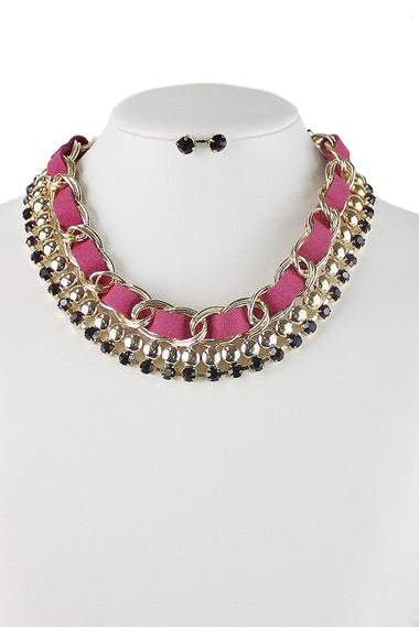 Fabric Woven Chain and Rhinestone Dangle Statement Necklace Earring Set