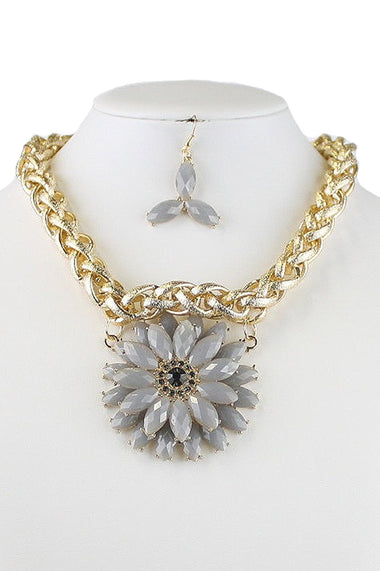 Rhinestone Acrylic Gem Floral Pendant Chunk Chain Necklace Earring Set