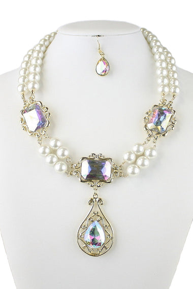Pearl Glass Beaded Teartdrop Pendant Necklace Earring Set