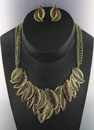 Rhinestone Embedded Leaves Necklace Earring Set