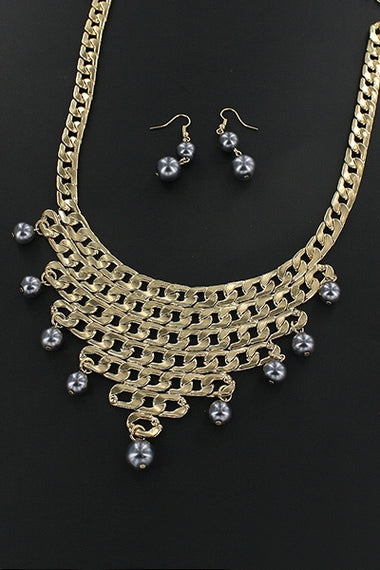 Faux Pearl / Metallic Bib Necklace Earring Set
