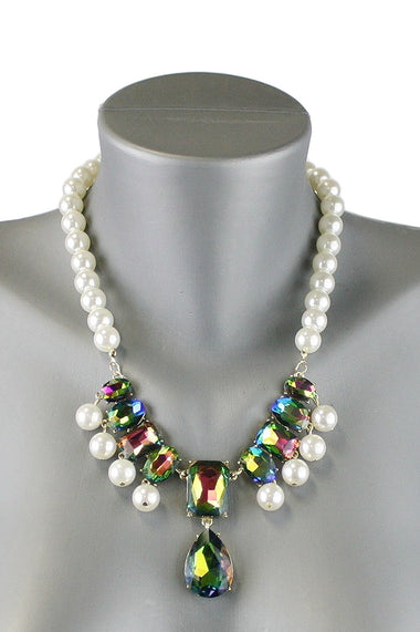 Glass Bead Pendant Pearl Necklace Earring Set
