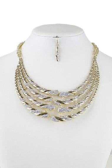 Rhinestone Embedded Bib Necklace Earring Set