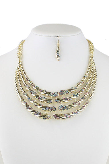 Rhinestone Embedded Bib Necklace Earring Set