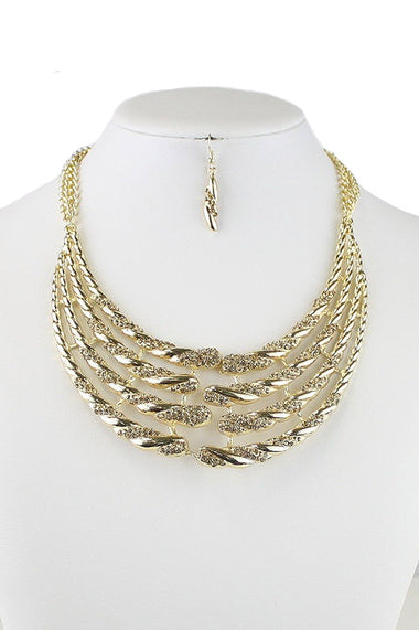 Rhinestone Embedded Bib Necklace Earring Set