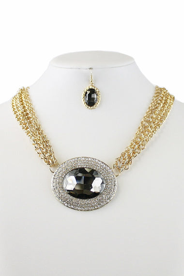 Rhinestone Embedded Glass Bead Pendant Necklace Earring Set