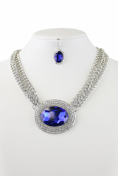 Rhinestone Embedded Glass Bead Pendant Necklace Earring Set