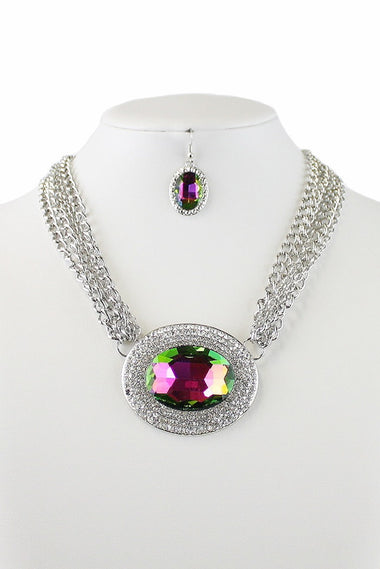 Rhinestone Embedded Glass Bead Pendant Necklace Earring Set