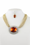 Rhinestone Embedded Glass Bead Pendant Necklace Earring Set