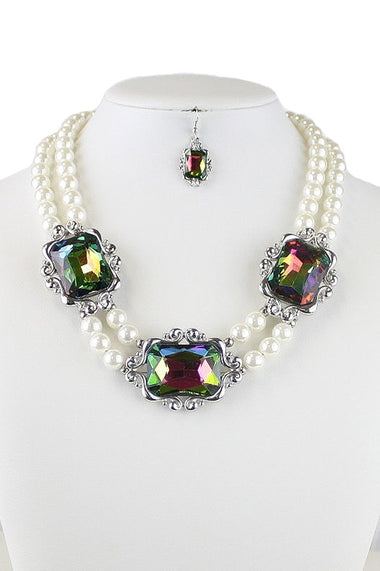 Pearl Glass Beaded Chunk Necklace Earring Set