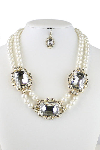 Pearl Glass Beaded Chunk Necklace Earring Set