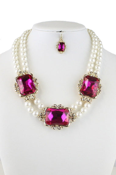 Pearl Glass Beaded Chunk Necklace Earring Set